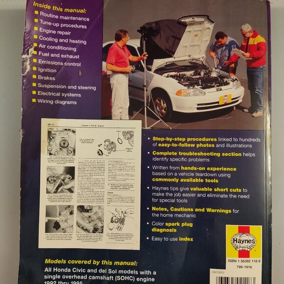 Honda Civic & del Sol: 1992 thru 1995 All SOHC models Haynes Repair Manual - Picture 2 of 2